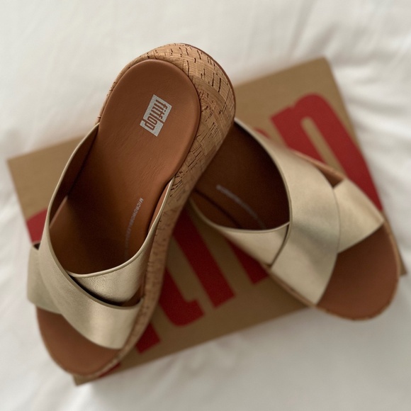 Fitflop F-Mode Metallic Leather/Cork “Flat form” Cross Slides US Size 08 - Picture 1 of 9